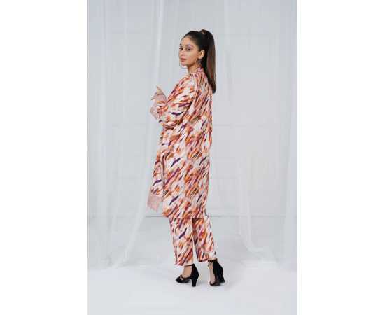 Embroidered Shirt and Trouser V-Neck Geometry Print 2-Piece Stitched Suit - Brown Embroidered Shirt and Trouser V-Neck Geometry Print 2-Piece Stitched Suit - Brown