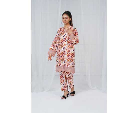 Embroidered Shirt and Trouser V-Neck Geometry Print 2-Piece Stitched Suit - Brown Embroidered Shirt and Trouser V-Neck Geometry Print 2-Piece Stitched Suit - Brown