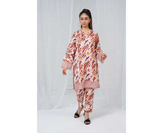 Embroidered Shirt and Trouser V-Neck Geometry Print 2-Piece Stitched Suit - Brown Embroidered Shirt and Trouser V-Neck Geometry Print 2-Piece Stitched Suit - Brown
