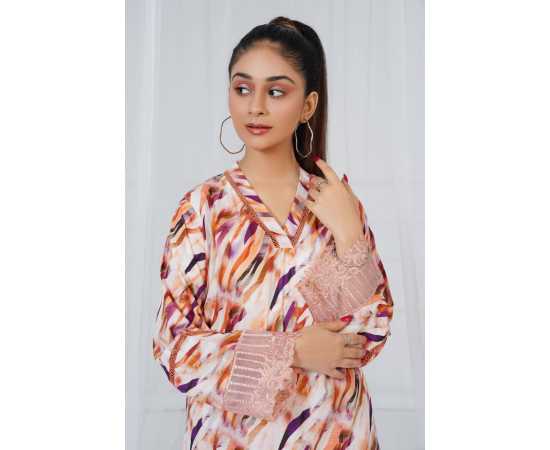 Embroidered Shirt and Trouser V-Neck Geometry Print 2-Piece Stitched Suit - Brown Embroidered Shirt and Trouser V-Neck Geometry Print 2-Piece Stitched Suit - Brown