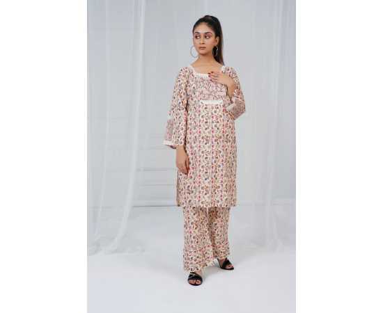 Embroidered Shirt and Trouser Square Neck Floral Print 2-Piece Stitched Suit - Skin Embroidered Shirt and Trouser Square Neck Floral Print 2-Piece Stitched Suit - Skin