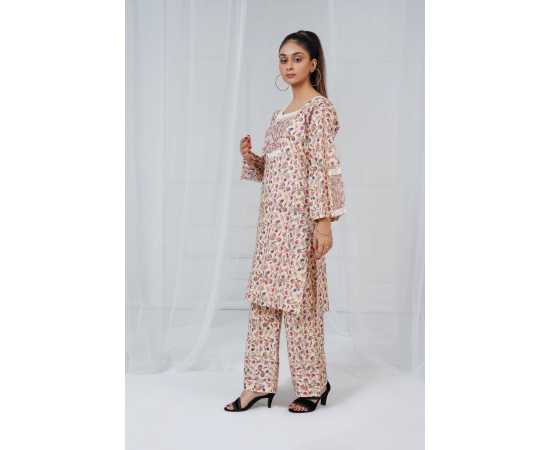 Embroidered Shirt and Trouser Square Neck Floral Print 2-Piece Stitched Suit - Skin Embroidered Shirt and Trouser Square Neck Floral Print 2-Piece Stitched Suit - Skin