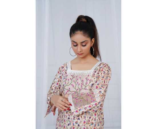 Embroidered Shirt and Trouser Square Neck Floral Print 2-Piece Stitched Suit - Skin Embroidered Shirt and Trouser Square Neck Floral Print 2-Piece Stitched Suit - Skin