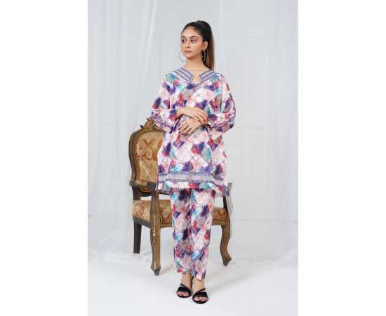 Embroidered Neck and Sleeves Tear Neck Leaves Print 2-Piece Stitched Suit - Red-Blue Embroidered Neck and Sleeves Tear Neck Leaves Print 2-Piece Stitched Suit - Red-Blue
