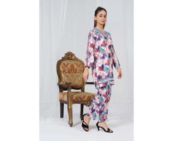 Embroidered Neck and Sleeves Tear Neck Leaves Print 2-Piece Stitched Suit - Red-Blue Embroidered Neck and Sleeves Tear Neck Leaves Print 2-Piece Stitched Suit - Red-Blue