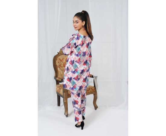 Embroidered Neck and Sleeves Tear Neck Leaves Print 2-Piece Stitched Suit - Red-Blue Embroidered Neck and Sleeves Tear Neck Leaves Print 2-Piece Stitched Suit - Red-Blue