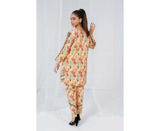 Embroidered Neck and Sleeves Tear Neck Leaves Print 2-Piece Stitched Suit - Skin Embroidered Neck and Sleeves Tear Neck Leaves Print 2-Piece Stitched Suit - Skin
