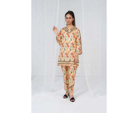 Embroidered Neck and Sleeves Tear Neck Leaves Print 2-Piece Stitched Suit - Skin Embroidered Neck and Sleeves Tear Neck Leaves Print 2-Piece Stitched Suit - Skin