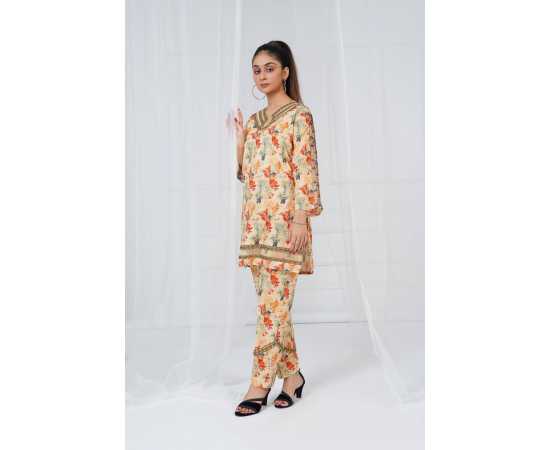 Embroidered Neck and Sleeves Tear Neck Leaves Print 2-Piece Stitched Suit - Skin Embroidered Neck and Sleeves Tear Neck Leaves Print 2-Piece Stitched Suit - Skin