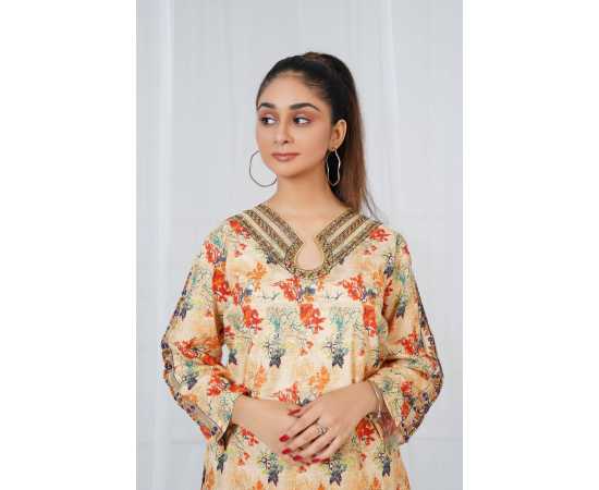 Embroidered Neck and Sleeves Tear Neck Leaves Print 2-Piece Stitched Suit - Skin Embroidered Neck and Sleeves Tear Neck Leaves Print 2-Piece Stitched Suit - Skin