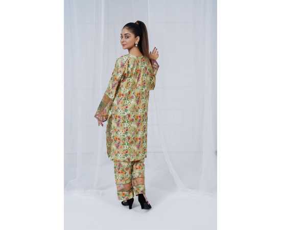 Embroidered Sleeves and Trouser Keyhole Neck Floral Print 2-Piece Stitched Suit - Green & Floral Embroidered Sleeves and Trouser Keyhole Neck Floral Print 2-Piece Stitched Suit - Green & Floral