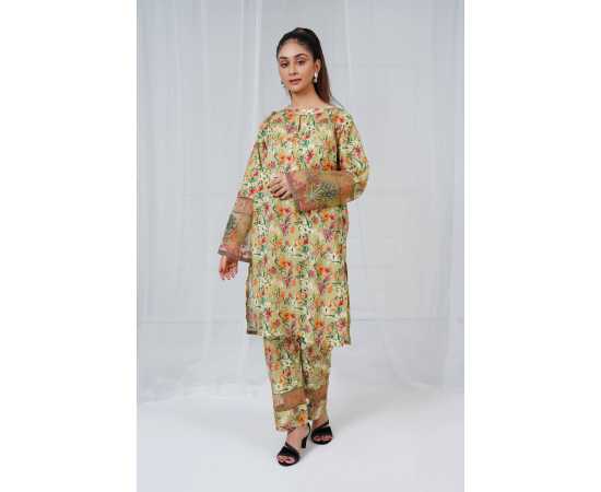 Embroidered Sleeves and Trouser Keyhole Neck Floral Print 2-Piece Stitched Suit - Green & Floral Embroidered Sleeves and Trouser Keyhole Neck Floral Print 2-Piece Stitched Suit - Green & Floral