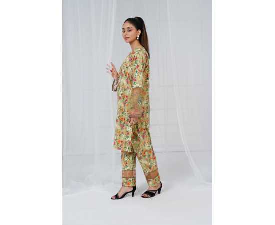 Embroidered Sleeves and Trouser Keyhole Neck Floral Print 2-Piece Stitched Suit - Green & Floral Embroidered Sleeves and Trouser Keyhole Neck Floral Print 2-Piece Stitched Suit - Green & Floral