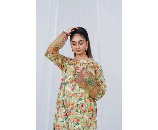 Embroidered Sleeves and Trouser Keyhole Neck Floral Print 2-Piece Stitched Suit - Green & Floral Embroidered Sleeves and Trouser Keyhole Neck Floral Print 2-Piece Stitched Suit - Green & Floral