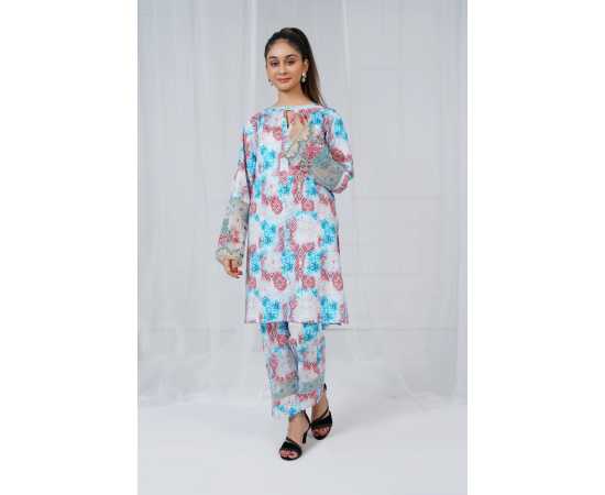 Embroidered Sleeves and Trouser Keyhole Neck Abstract Print 2-Piece Stitched Suit - Red & Blue Embroidered Sleeves and Trouser Keyhole Neck Abstract Print 2-Piece Stitched Suit - Red & Blue