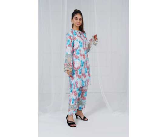 Embroidered Sleeves and Trouser Keyhole Neck Abstract Print 2-Piece Stitched Suit - Red & Blue Embroidered Sleeves and Trouser Keyhole Neck Abstract Print 2-Piece Stitched Suit - Red & Blue