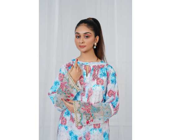 Embroidered Sleeves and Trouser Keyhole Neck Abstract Print 2-Piece Stitched Suit - Red & Blue Embroidered Sleeves and Trouser Keyhole Neck Abstract Print 2-Piece Stitched Suit - Red & Blue