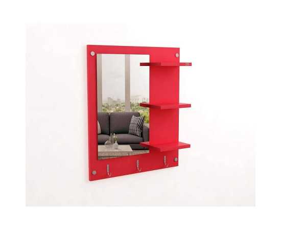 Decorative Wall Mount Mirror With Shelves & Hooks - Red