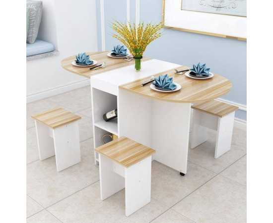 Foldable Family Dining Table And Chairs Set For Home - Brown & White