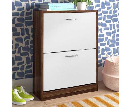 12 Pairs Flip Down Shoes Storage Organizing Cabinet - White Brown