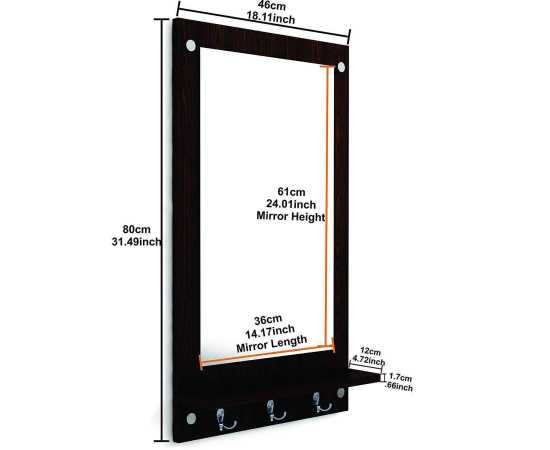 Wooden Wall Mirror with Shelf and Hanging Hook