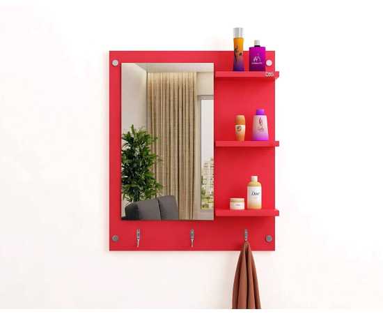 Decorative Wall Mount Mirror With Shelves & Hooks - Red