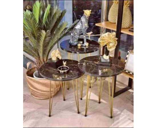 Set of 3 Nesting Table With Metal Stand Glossy Round Top