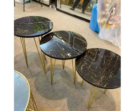 Set of 3 Nesting Table With Metal Stand Glossy Round Top