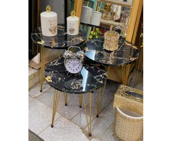 Set of 3 Nesting Table With Metal Stand Glossy Round Top