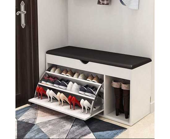 Wooden Flip Drawer Shoe Storage Bench - White