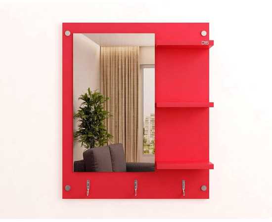 Decorative Wall Mount Mirror With Shelves & Hooks - Red