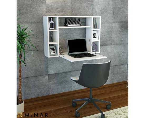 White folding wall mounted Study desk with Storage shelves