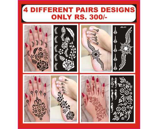 4 Different Pairs Print Tattoo Mehandi Stencil Stickers