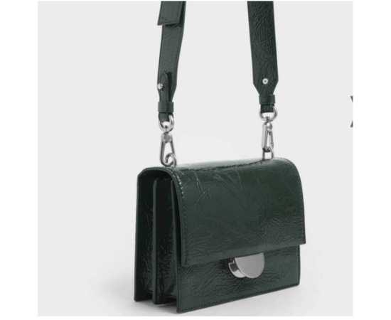 Charles & Keith Round Wrinkled Patent Shoulder Bag For Women - Dark Green