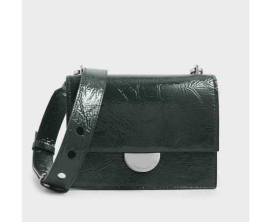 Charles & Keith Round Wrinkled Patent Shoulder Bag For Women - Dark Green