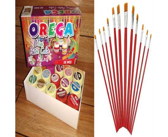 Poster Color 15 bottle Set + Paint Brush 12 Brush Set