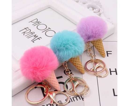 Puff Ball Leather Tassels Pom Pom Keychain - 1 Piece