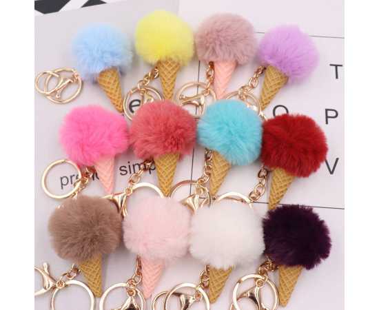 Puff Ball Leather Tassels Pom Pom Keychain - 1 Piece