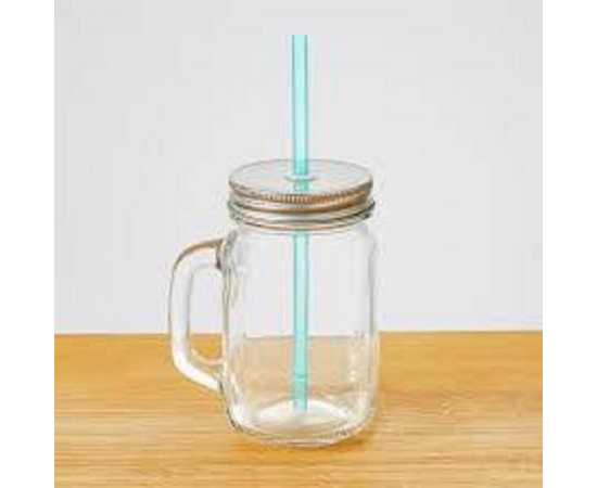 Mason Mugs & Lid With Plastic Straw - 480ml