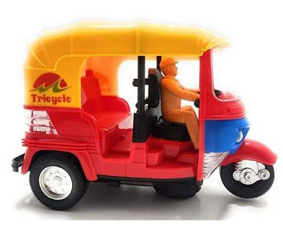 Plastic Pull Back Auto Rickshaw Toy with Sound & Flashing Light