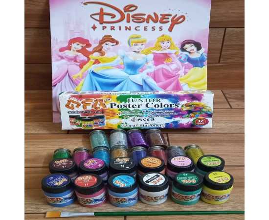 Pack of 12 OFA Poster Colors- Multi + 12 glitter +1 Brush +1Coloring Book