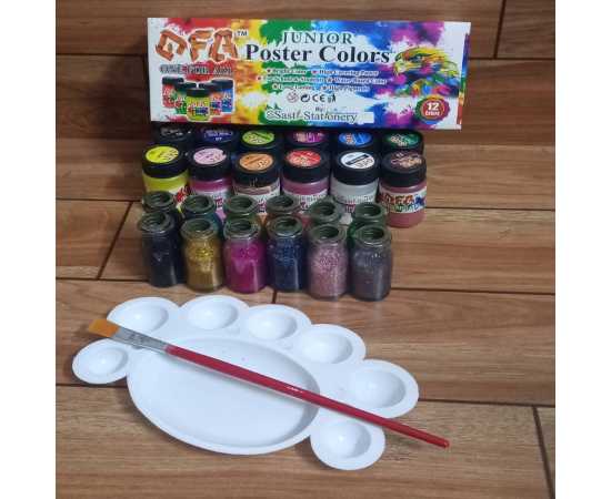 Pack of 12 OFA Poster Colors- Multi + 12 glitter +1 Brush+1Tray