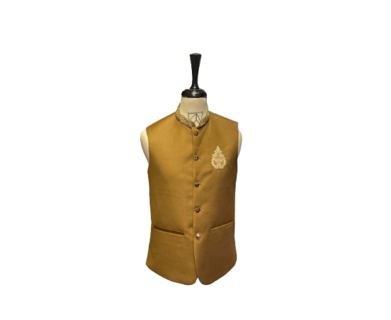 Azlan Shahzad Motive Embroidery Camel Brown Waist Coat For Men