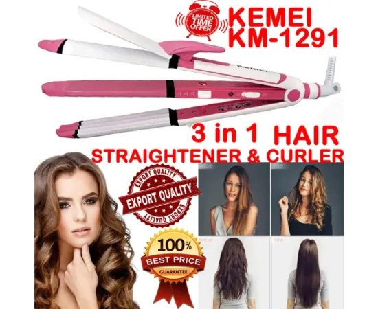 Kemei KM 1291 Ceramic 3 in 1 Electric Hair Straightener Curler Styler