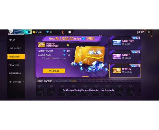 Free Fire Monthly Membership [ 1900 Diamonds ]